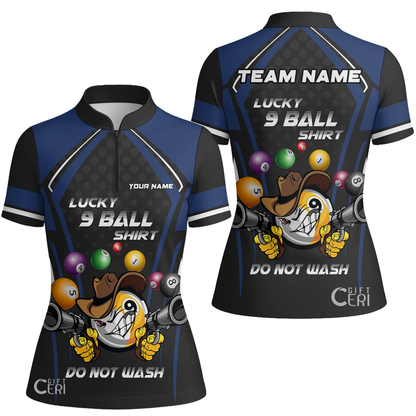 Customized Billiards Stand Collar Quarter Zip Short Sleeve Women's Shirt, Lucky 9 Ball Shirt Do Not Wash Jersey