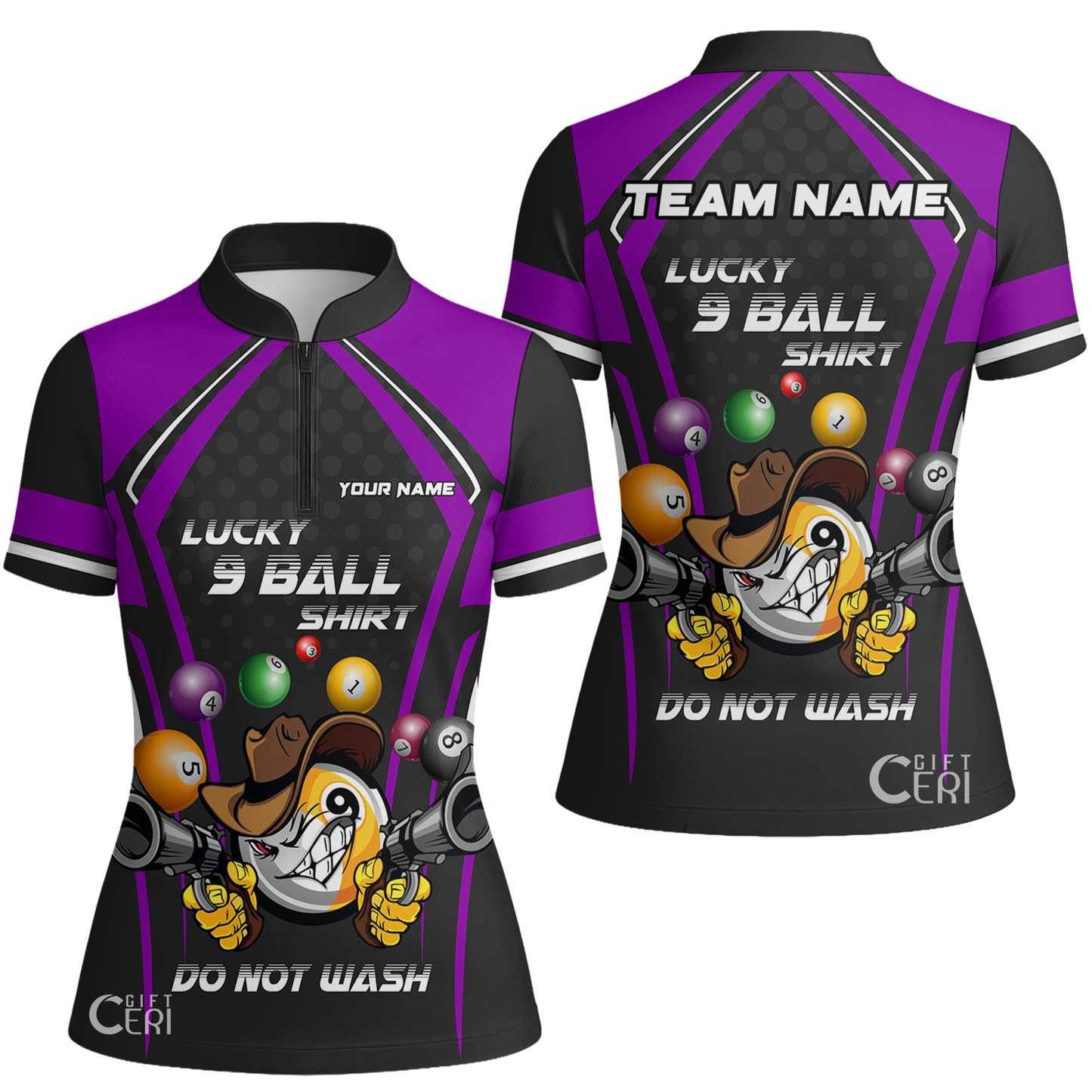Customized Billiards Stand Collar Quarter Zip Short Sleeve Women's Shirt, Lucky 9 Ball Shirt Do Not Wash Jersey