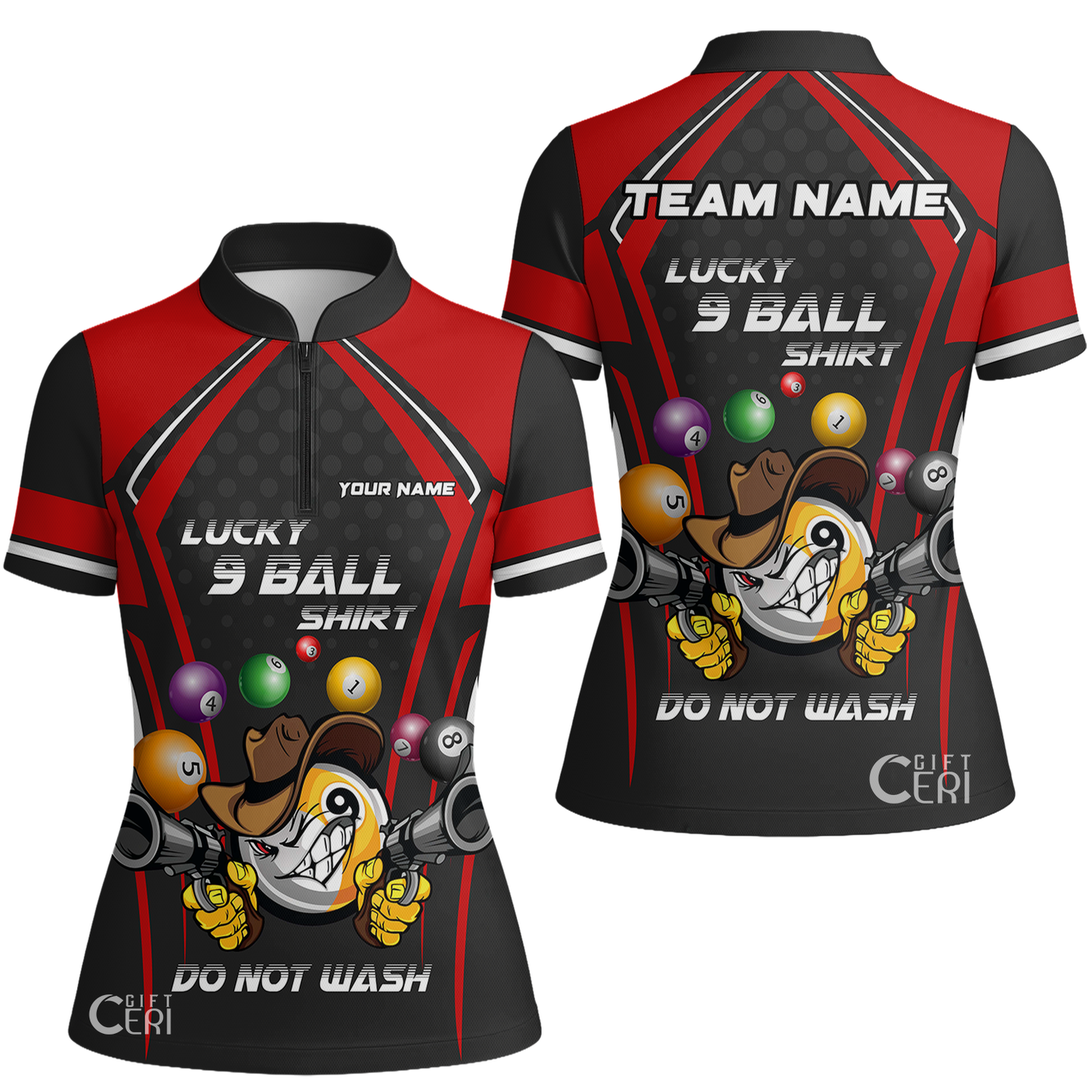 Customized Billiards Stand Collar Quarter Zip Short Sleeve Women's Shirt, Lucky 9 Ball Shirt Do Not Wash Jersey