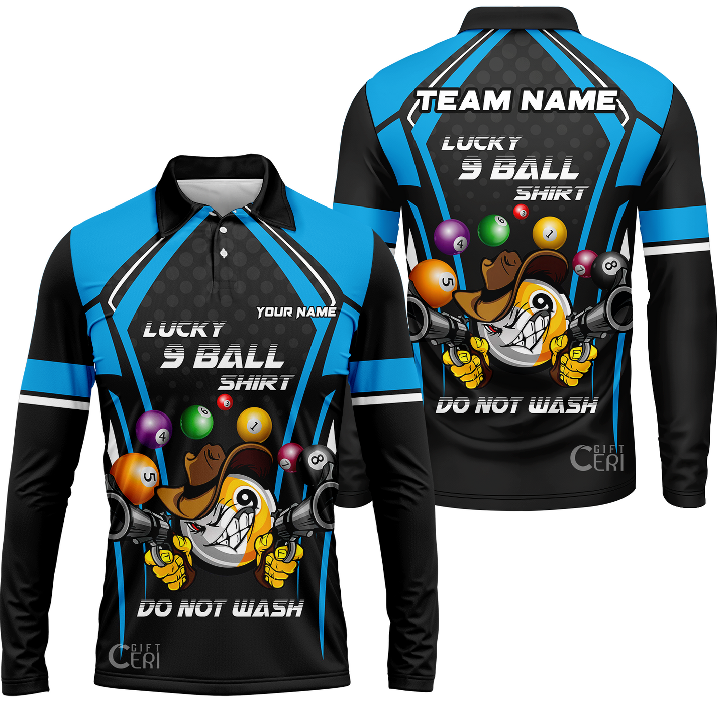 Customized Billiards Long Sleeve Polo Shirt, Personalized Lucky 9 Ball Shirt Do Not Wash Jersey Gift For Billiard Players