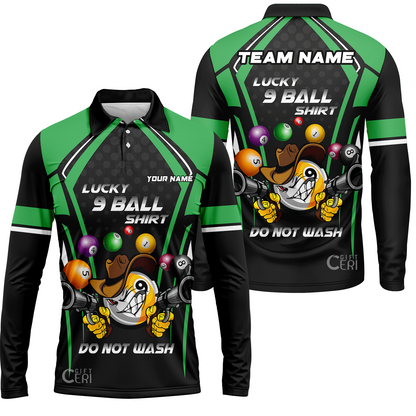 Customized Billiards Long Sleeve Polo Shirt, Personalized Lucky 9 Ball Shirt Do Not Wash Jersey Gift For Billiard Players