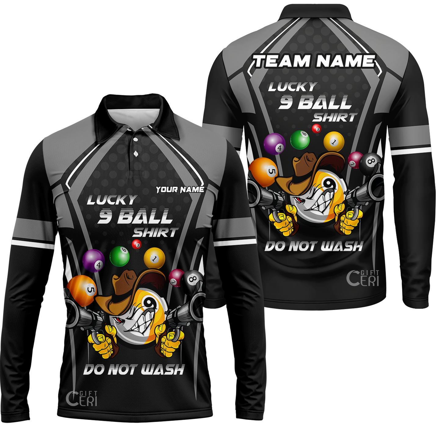 Customized Billiards Long Sleeve Polo Shirt, Personalized Lucky 9 Ball Shirt Do Not Wash Jersey Gift For Billiard Players