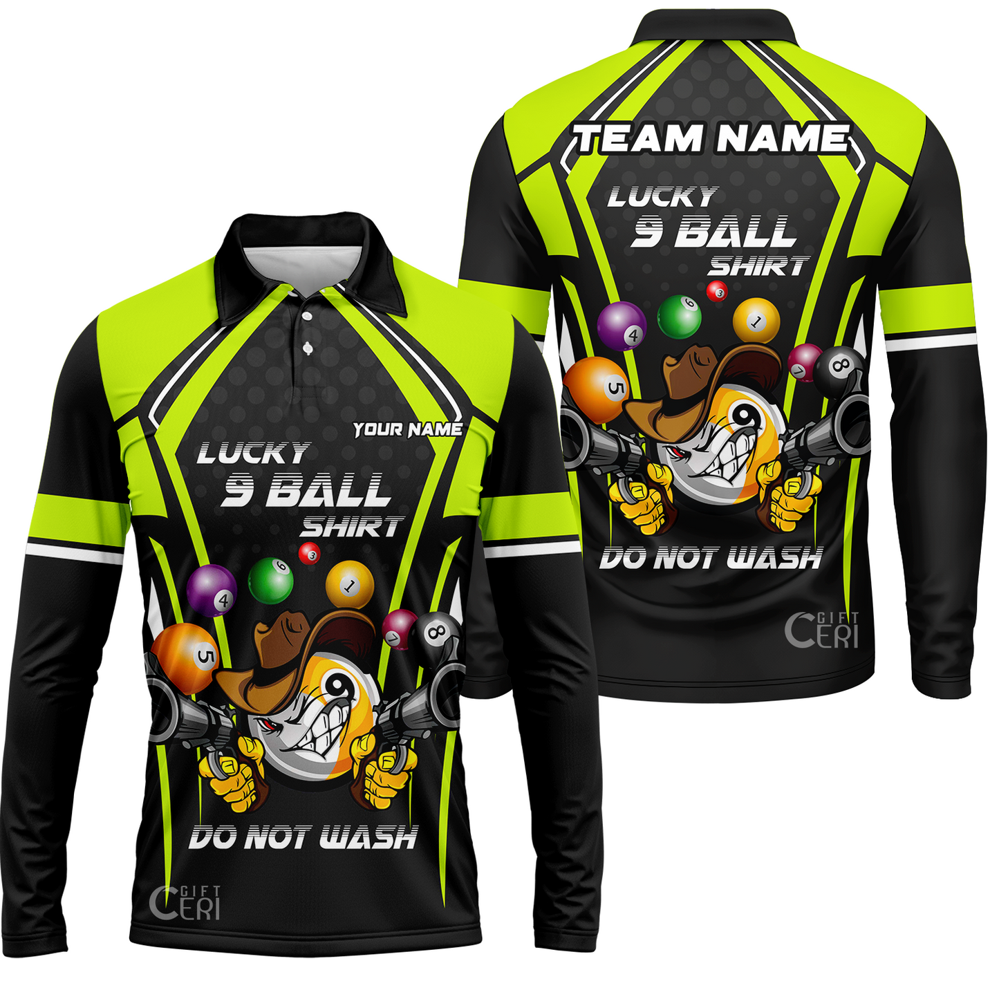Customized Billiards Long Sleeve Polo Shirt, Personalized Lucky 9 Ball Shirt Do Not Wash Jersey Gift For Billiard Players