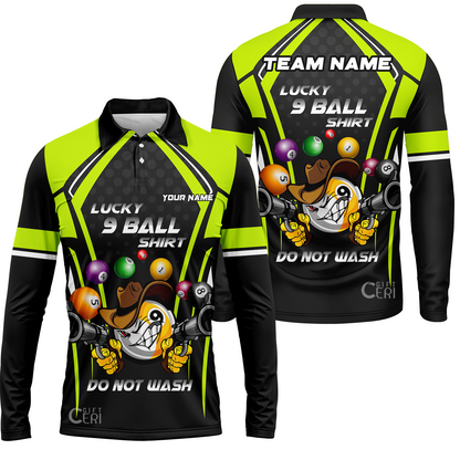 Customized Billiards Long Sleeve Polo Shirt, Personalized Lucky 9 Ball Shirt Do Not Wash Jersey Gift For Billiard Players