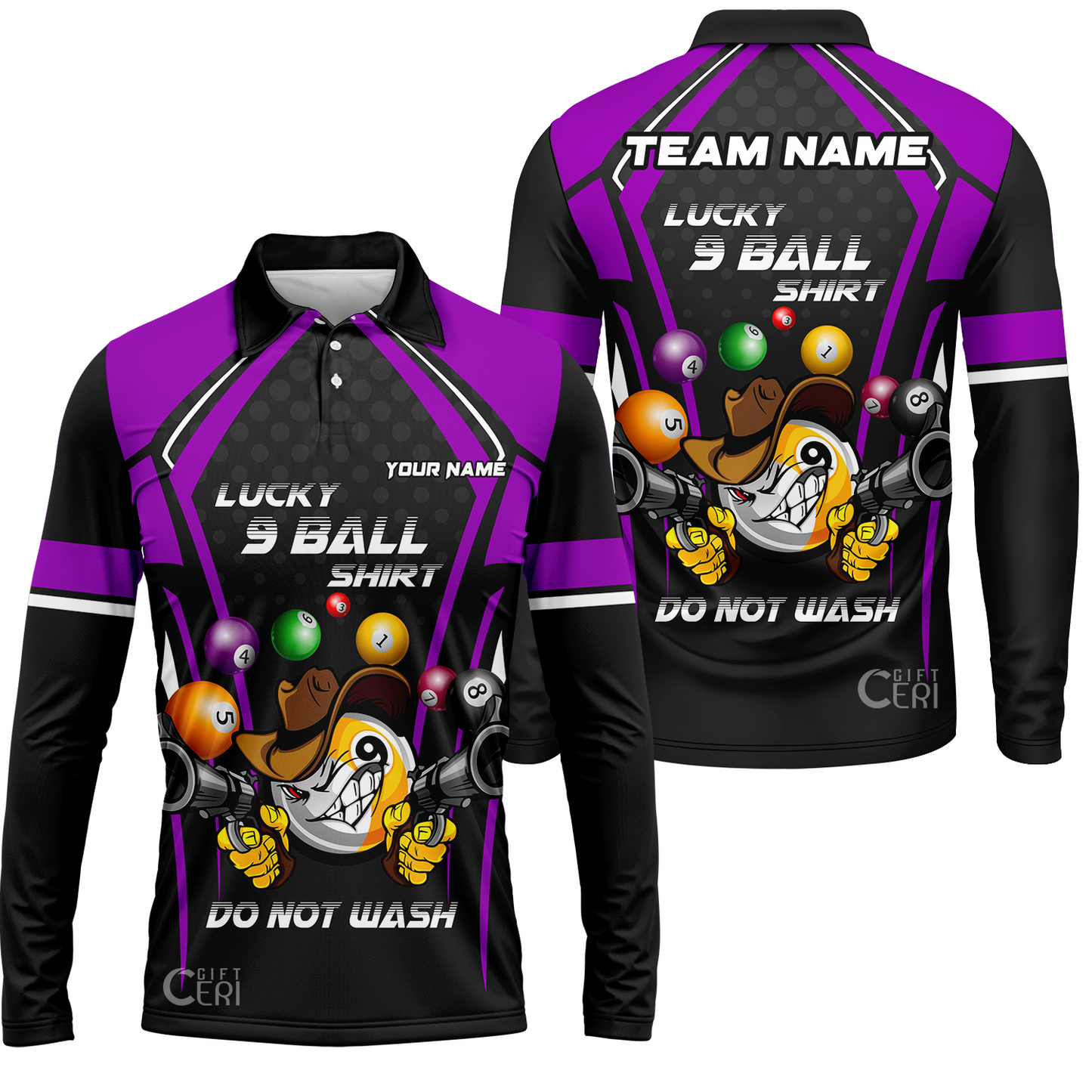 Customized Billiards Long Sleeve Polo Shirt, Personalized Lucky 9 Ball Shirt Do Not Wash Jersey Gift For Billiard Players