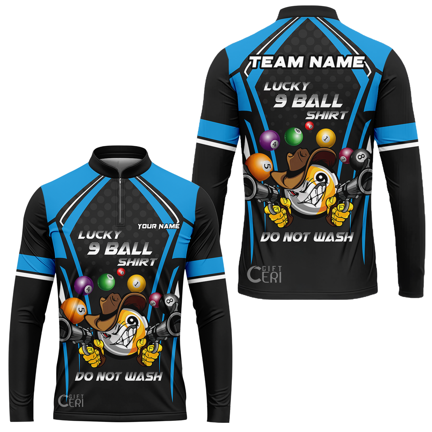 Customized Billiards Stand Collar Quarter-Zip Long Sleeve Jersey, Personalized Lucky 9 Ball Shirt Do Not Wash Jersey