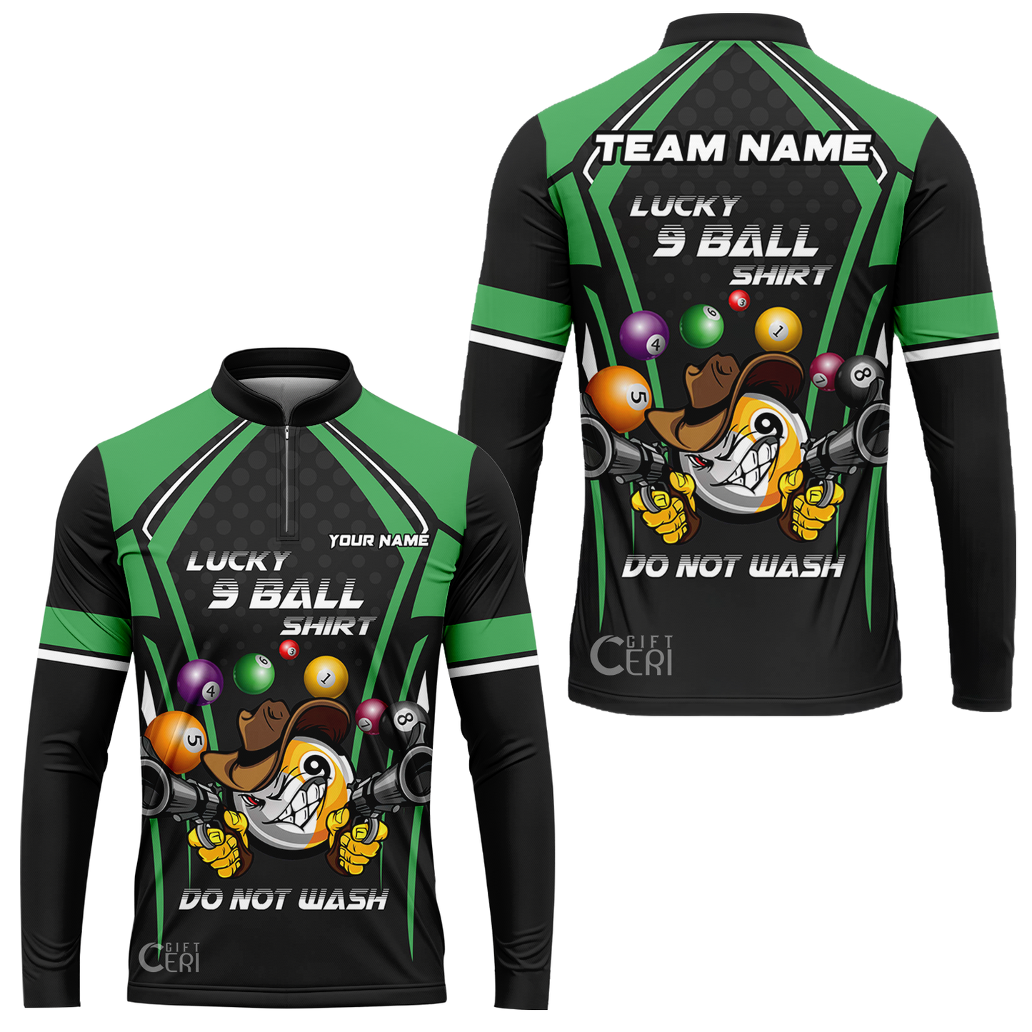 Customized Billiards Stand Collar Quarter-Zip Long Sleeve Jersey, Personalized Lucky 9 Ball Shirt Do Not Wash Jersey