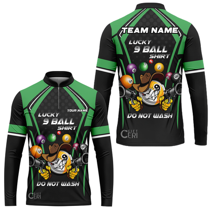 Customized Billiards Stand Collar Quarter-Zip Long Sleeve Jersey, Personalized Lucky 9 Ball Shirt Do Not Wash Jersey
