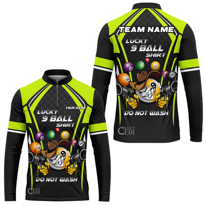 Customized Billiards Stand Collar Quarter-Zip Long Sleeve Jersey, Personalized Lucky 9 Ball Shirt Do Not Wash Jersey