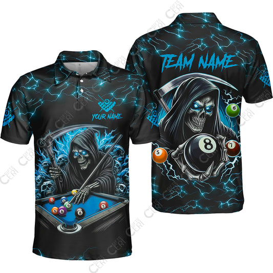 Customized Billiards Unisex Polo Shirt, Personalized Death Skeleton 8 Ball Jersey Gift For Billiard Players