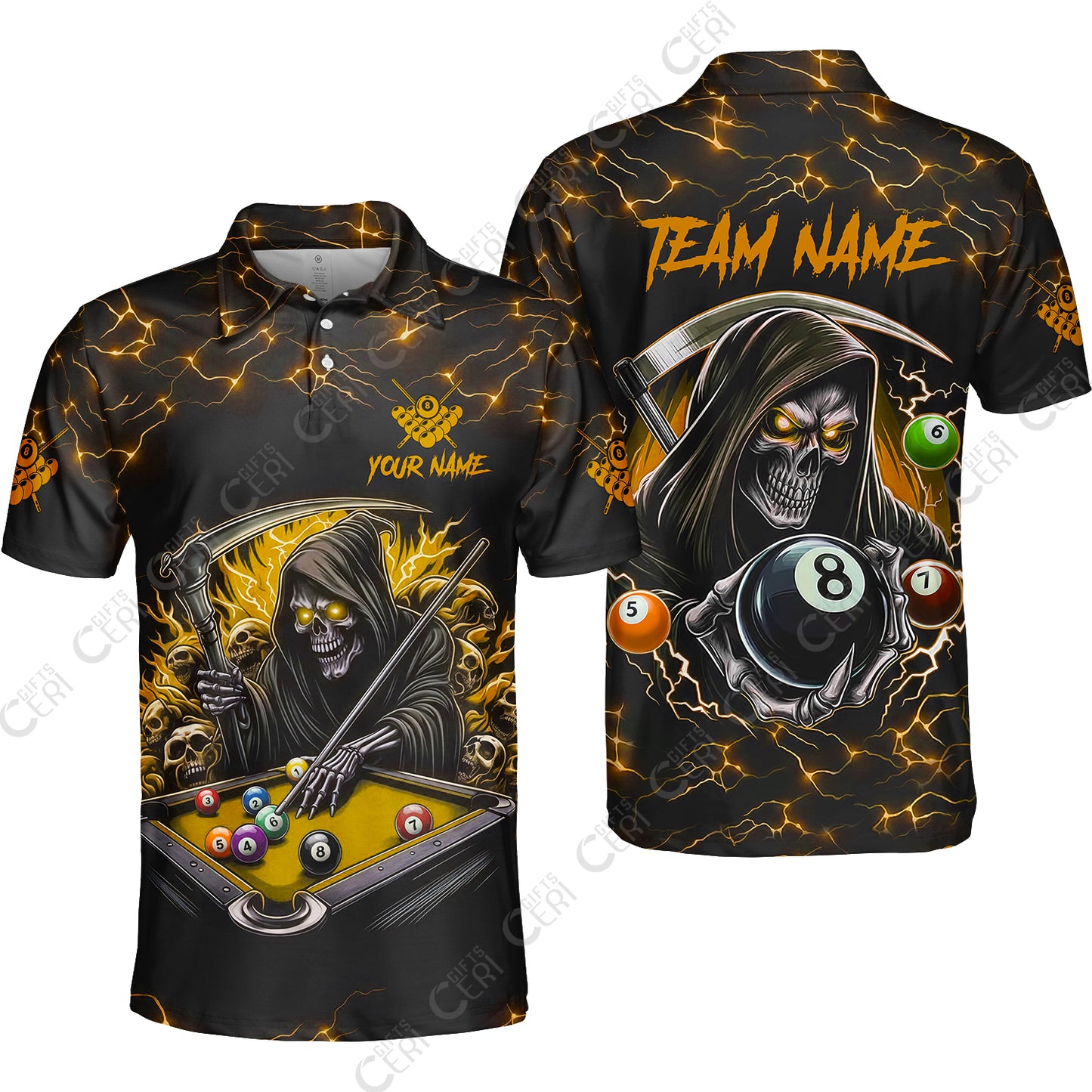 Customized Billiards Unisex Polo Shirt, Personalized Death Skeleton 8 Ball Jersey Gift For Billiard Players