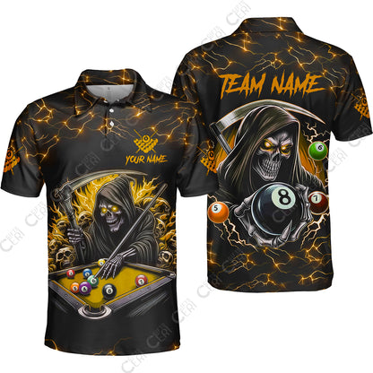 Customized Billiards Unisex Polo Shirt, Personalized Death Skeleton 8 Ball Jersey Gift For Billiard Players
