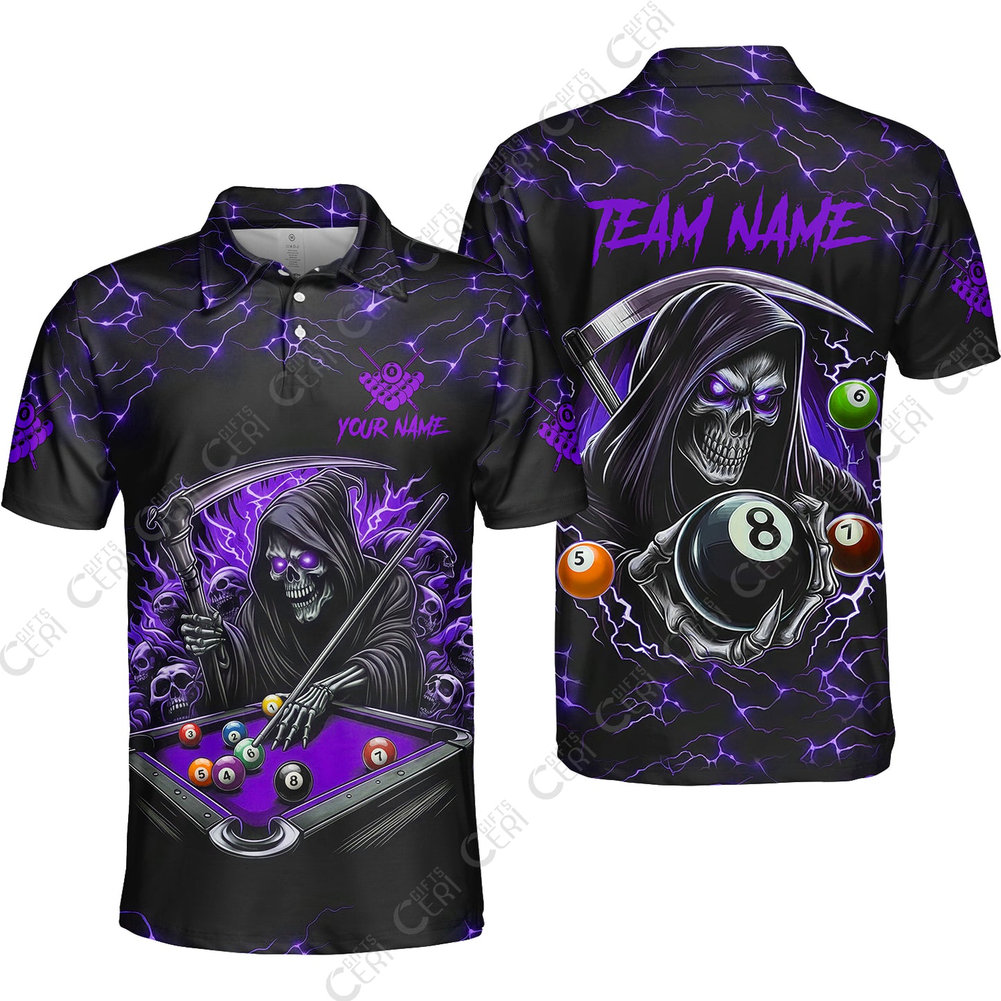 Customized Billiards Unisex Polo Shirt, Personalized Death Skeleton 8 Ball Jersey Gift For Billiard Players