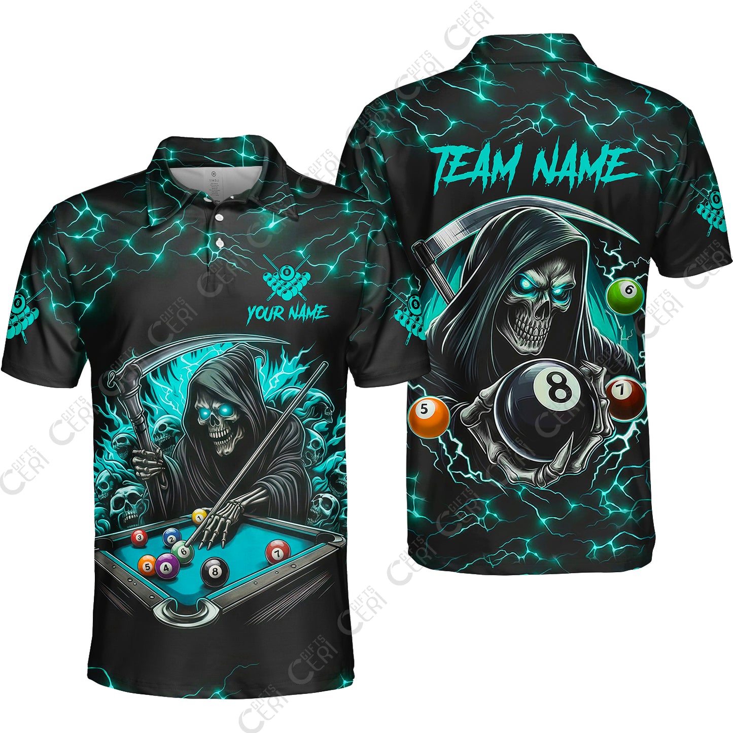 Customized Billiards Unisex Polo Shirt, Personalized Death Skeleton 8 Ball Jersey Gift For Billiard Players