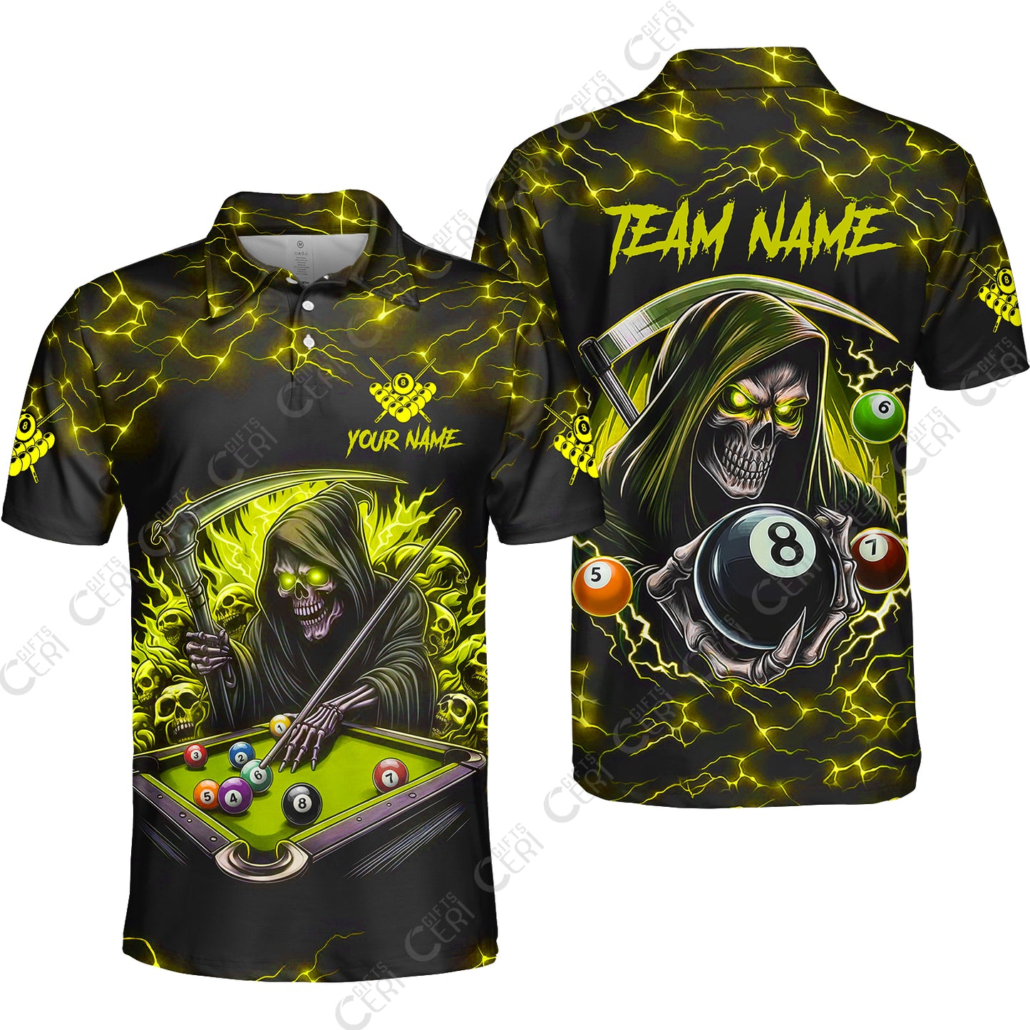 Customized Billiards Unisex Polo Shirt, Personalized Death Skeleton 8 Ball Jersey Gift For Billiard Players