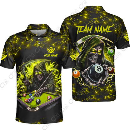 Customized Billiards Unisex Polo Shirt, Personalized Death Skeleton 8 Ball Jersey Gift For Billiard Players