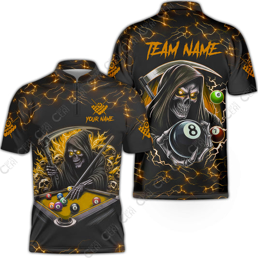 Customized Billiards Stand Collar Quarter-Zip Short Sleeve Jersey, Personalized Billiard Death Skeleton 8 Ball Jersey