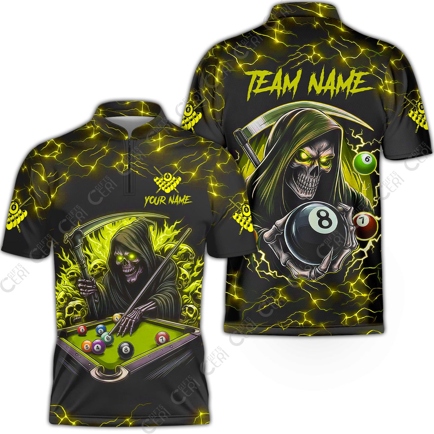 Customized Billiards Stand Collar Quarter-Zip Short Sleeve Jersey, Personalized Billiard Death Skeleton 8 Ball Jersey