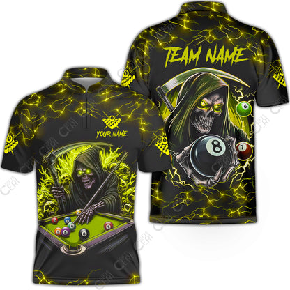 Customized Billiards Stand Collar Quarter-Zip Short Sleeve Jersey, Personalized Billiard Death Skeleton 8 Ball Jersey