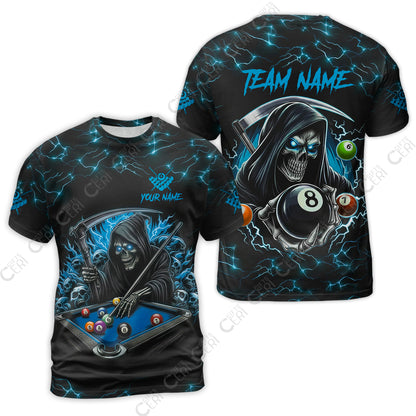 Customized Billiards T-Shirt, Personalized Billiard Death Skeleton 8 Ball Jersey Gift For Billiard Players