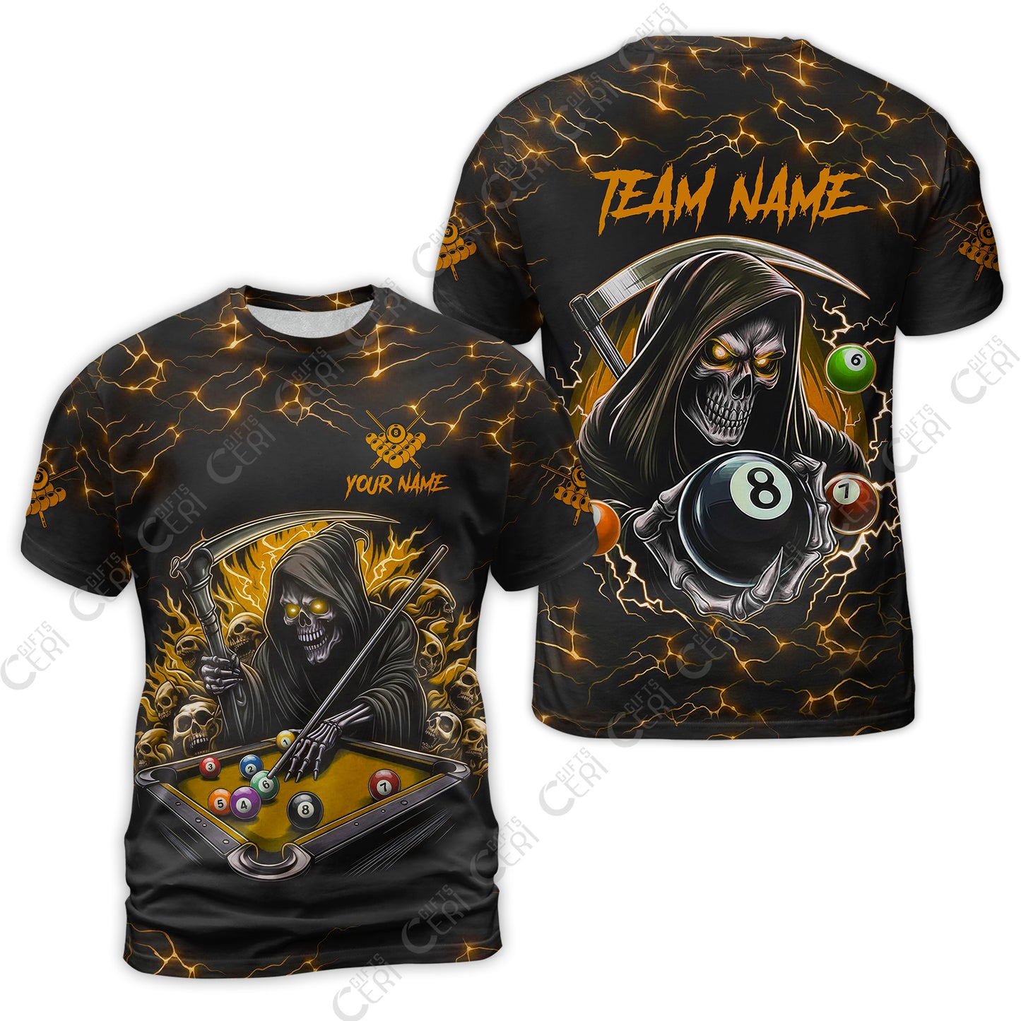 Customized Billiards T-Shirt, Personalized Billiard Death Skeleton 8 Ball Jersey Gift For Billiard Players