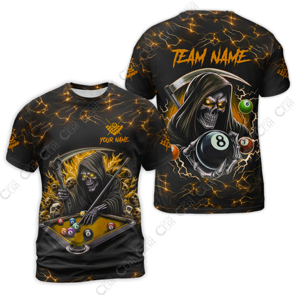 Customized Billiards T-Shirt, Personalized Billiard Death Skeleton 8 Ball Jersey Gift For Billiard Players