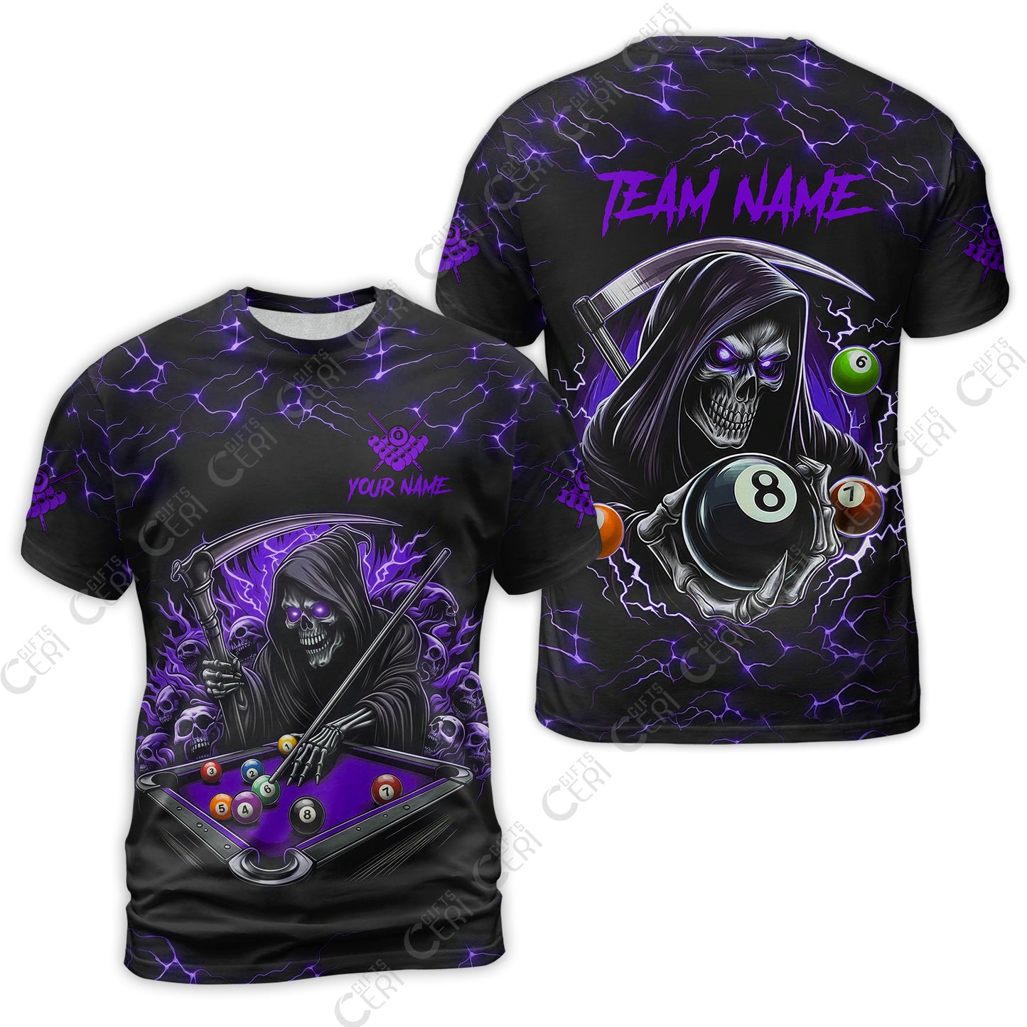 Customized Billiards T-Shirt, Personalized Billiard Death Skeleton 8 Ball Jersey Gift For Billiard Players