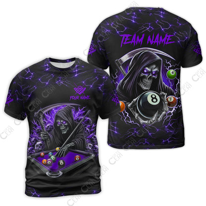 Customized Billiards T-Shirt, Personalized Billiard Death Skeleton 8 Ball Jersey Gift For Billiard Players