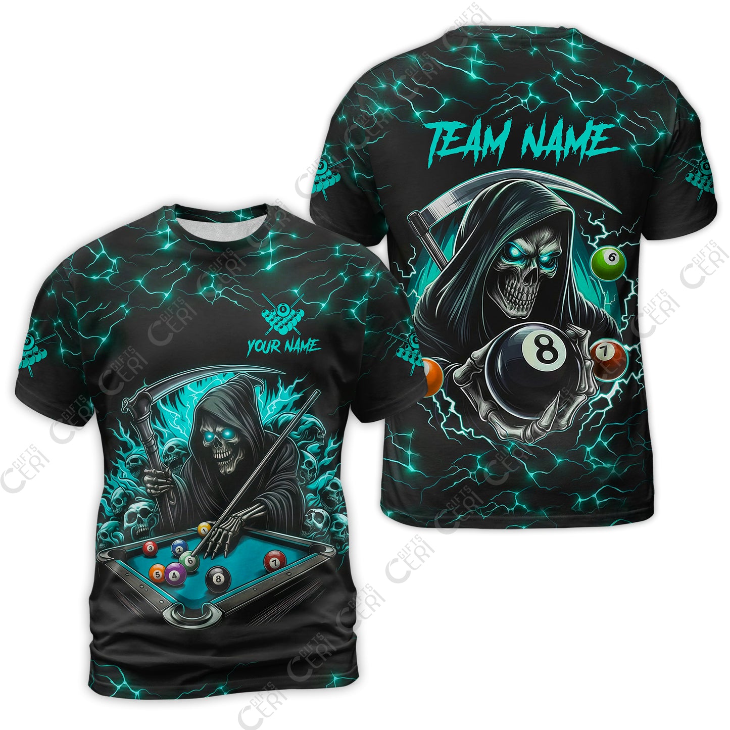 Customized Billiards T-Shirt, Personalized Billiard Death Skeleton 8 Ball Jersey Gift For Billiard Players
