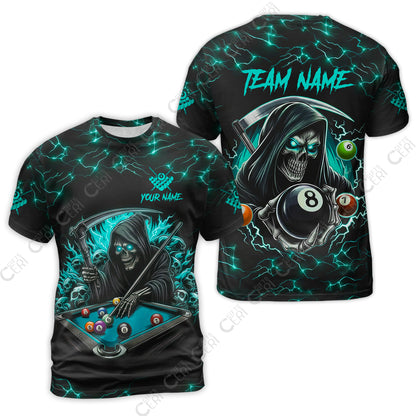 Customized Billiards T-Shirt, Personalized Billiard Death Skeleton 8 Ball Jersey Gift For Billiard Players