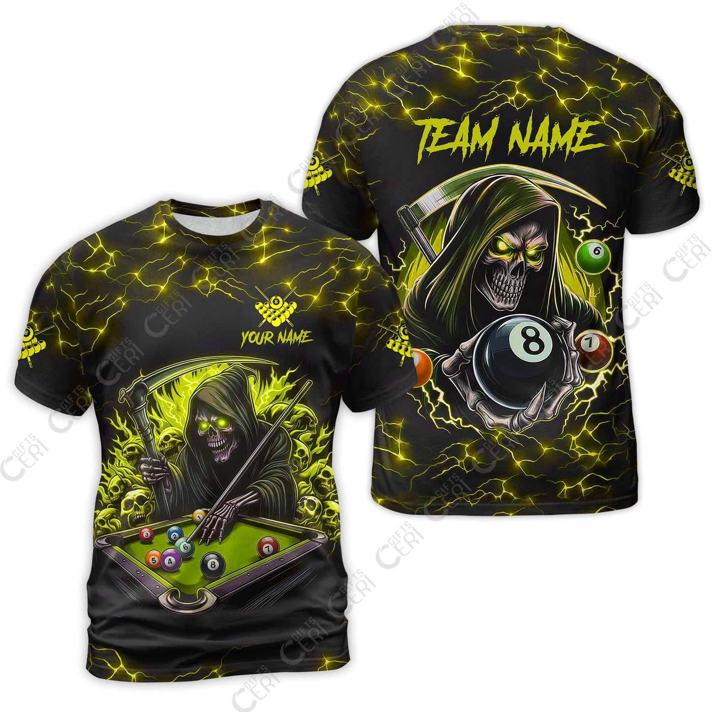 Customized Billiards T-Shirt, Personalized Billiard Death Skeleton 8 Ball Jersey Gift For Billiard Players