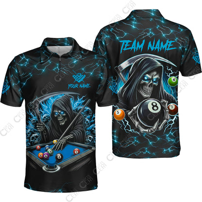 Customized Billiards Quarter-Zip Polo Shirt, Personalized Billiard Death Skeleton 8 Ball Jersey Gift For Billiard Players