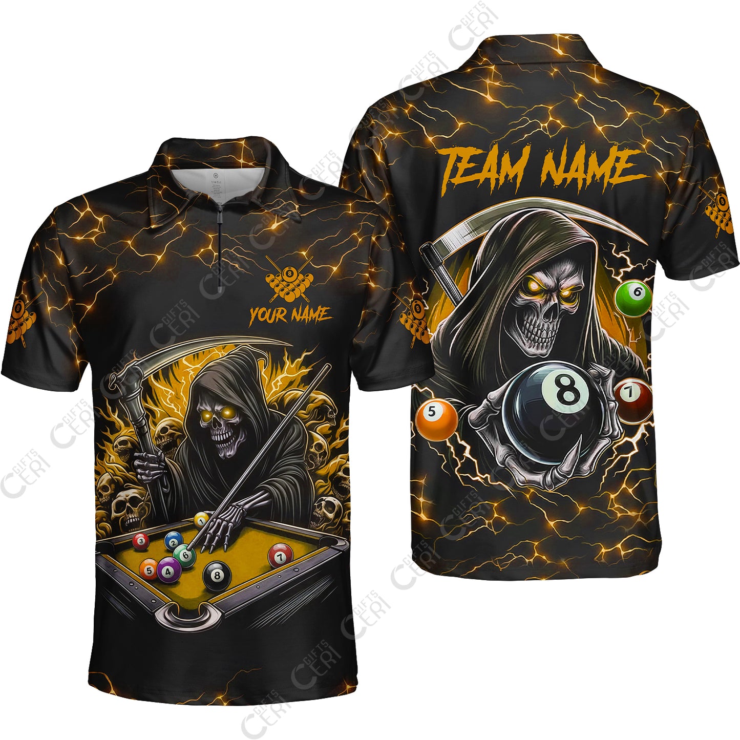 Customized Billiards Quarter-Zip Polo Shirt, Personalized Billiard Death Skeleton 8 Ball Jersey Gift For Billiard Players