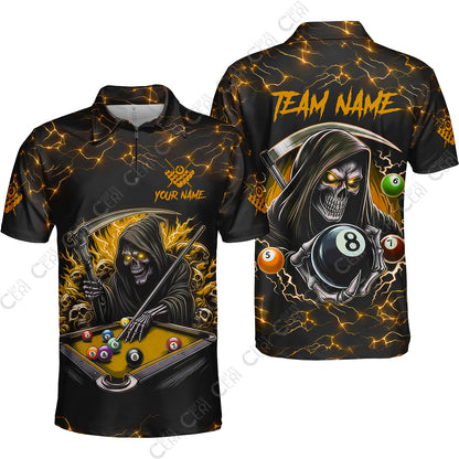 Customized Billiards Quarter-Zip Polo Shirt, Personalized Billiard Death Skeleton 8 Ball Jersey Gift For Billiard Players