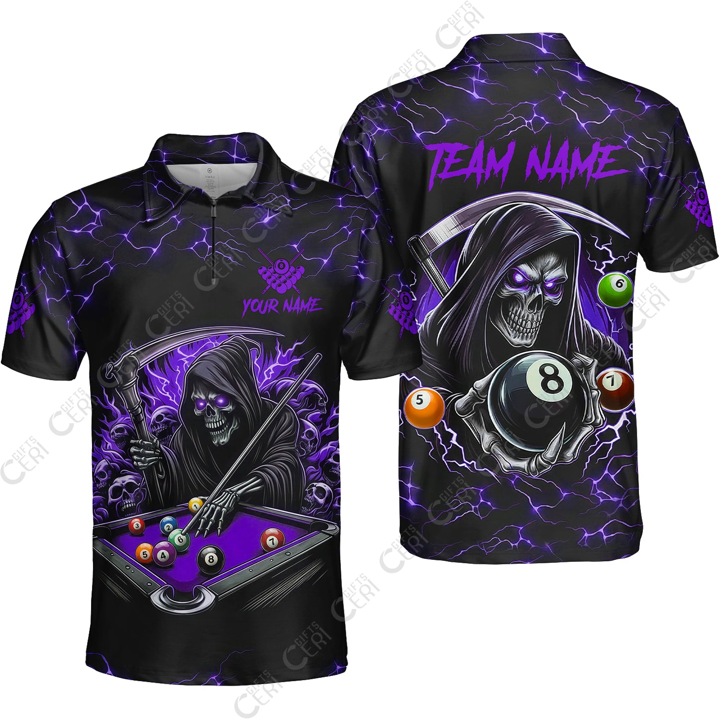 Customized Billiards Quarter-Zip Polo Shirt, Personalized Billiard Death Skeleton 8 Ball Jersey Gift For Billiard Players