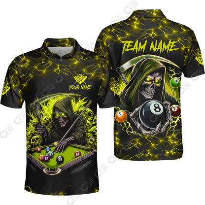 Customized Billiards Quarter-Zip Polo Shirt, Personalized Billiard Death Skeleton 8 Ball Jersey Gift For Billiard Players