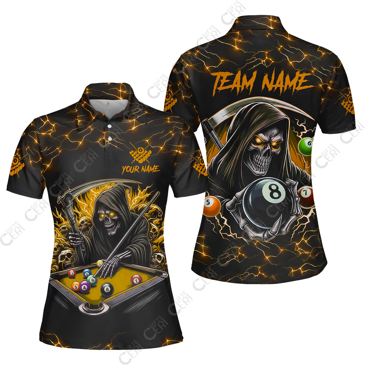 Customized Billiards Women Polo Shirt, Personalized Billiard Death Skeleton 8 Ball Jersey Gift For Billiard Players
