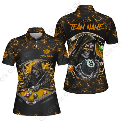Customized Billiards Women Polo Shirt, Personalized Billiard Death Skeleton 8 Ball Jersey Gift For Billiard Players