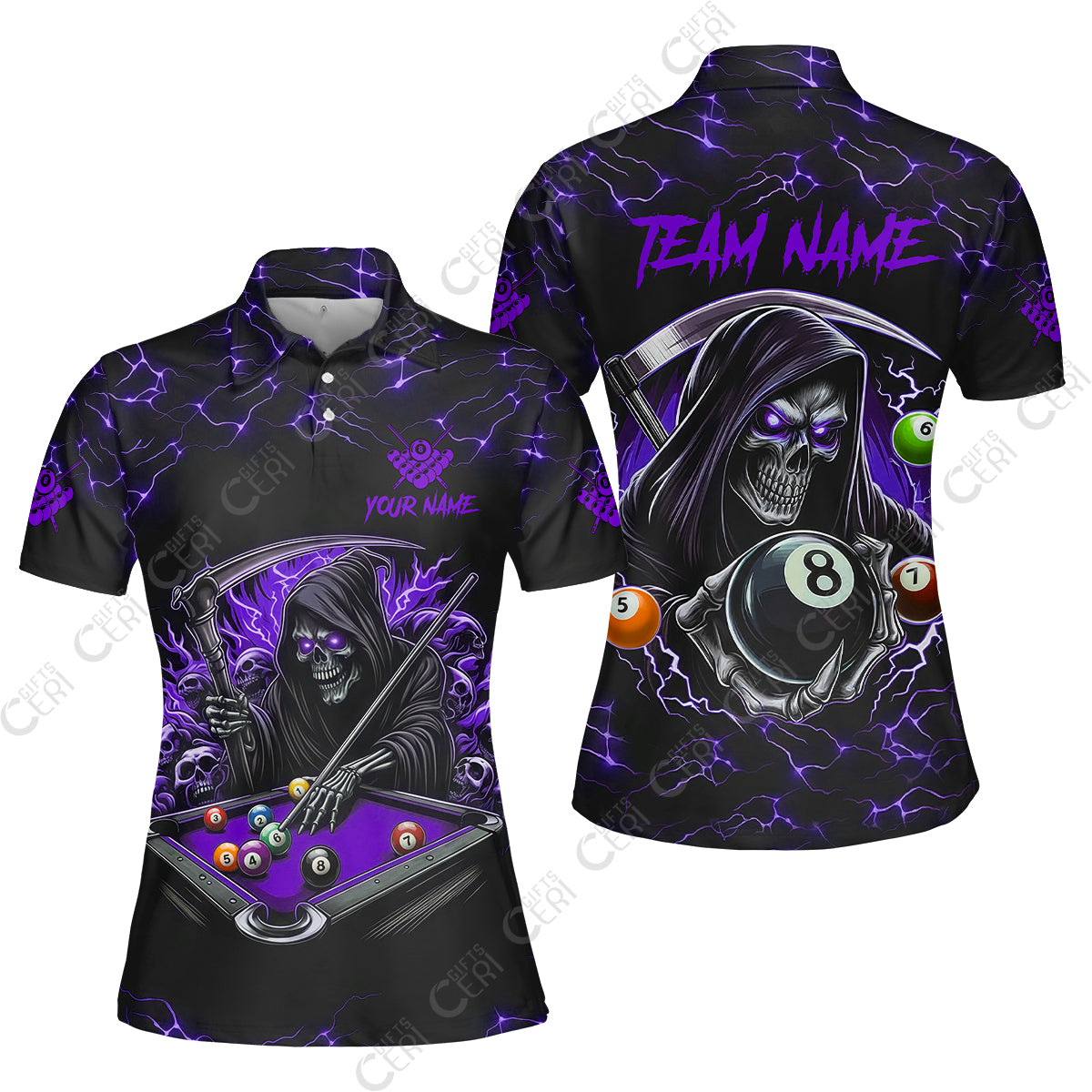 Customized Billiards Women Polo Shirt, Personalized Billiard Death Skeleton 8 Ball Jersey Gift For Billiard Players