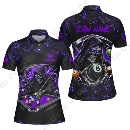 Customized Billiards Women Polo Shirt, Personalized Billiard Death Skeleton 8 Ball Jersey Gift For Billiard Players
