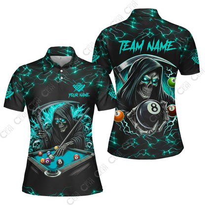 Customized Billiards Women Polo Shirt, Personalized Billiard Death Skeleton 8 Ball Jersey Gift For Billiard Players