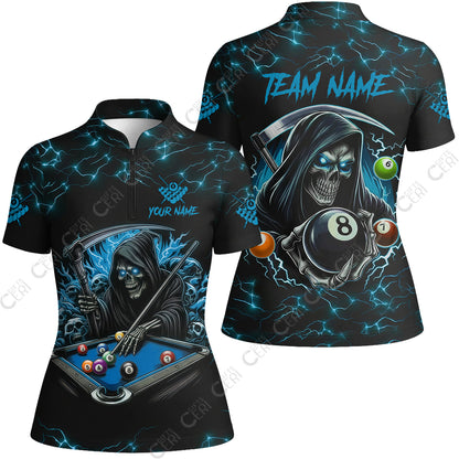 Customized Billiards Stand Collar Quarter Zip Short Sleeve Women's Shirt, Personalized Death Skeleton 8 Ball Jersey