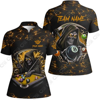 Customized Billiards Stand Collar Quarter Zip Short Sleeve Women's Shirt, Personalized Death Skeleton 8 Ball Jersey