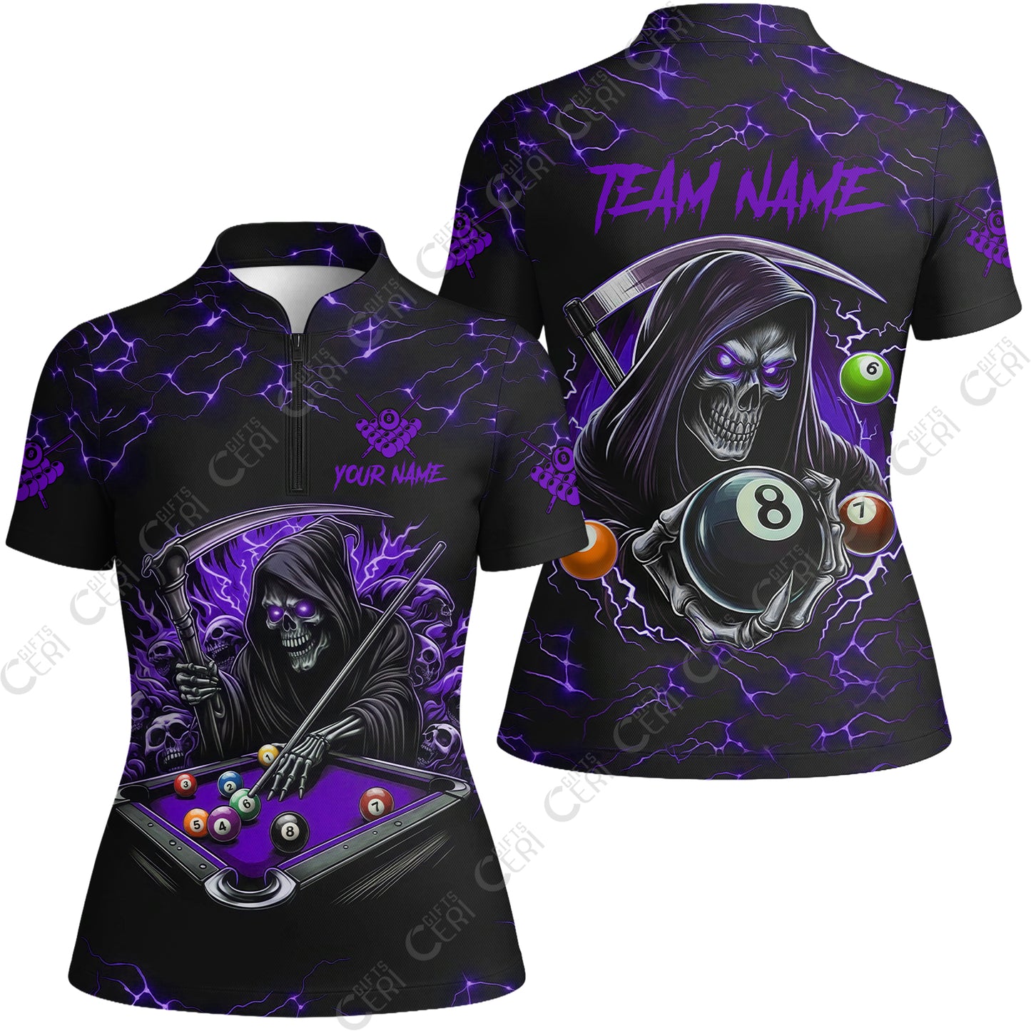 Customized Billiards Stand Collar Quarter Zip Short Sleeve Women's Shirt, Personalized Death Skeleton 8 Ball Jersey