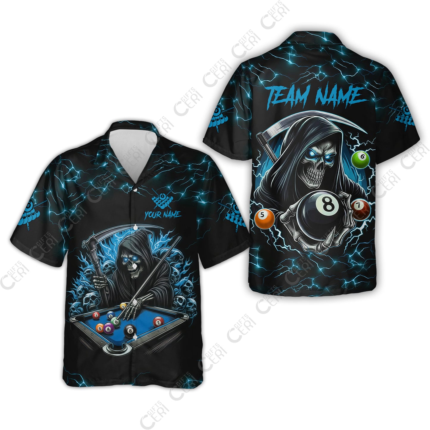 Customized Billiards Hawaiian Shirt, Personalized Billiard Death Skeleton 8 Ball Jersey Gift For Billiard Players