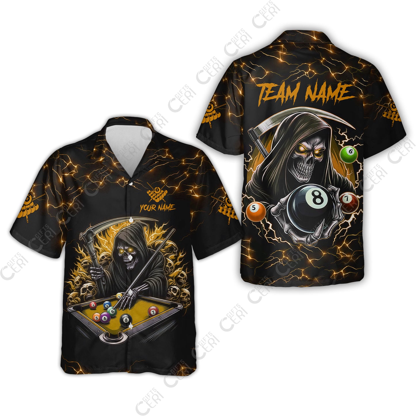 Customized Billiards Hawaiian Shirt, Personalized Billiard Death Skeleton 8 Ball Jersey Gift For Billiard Players