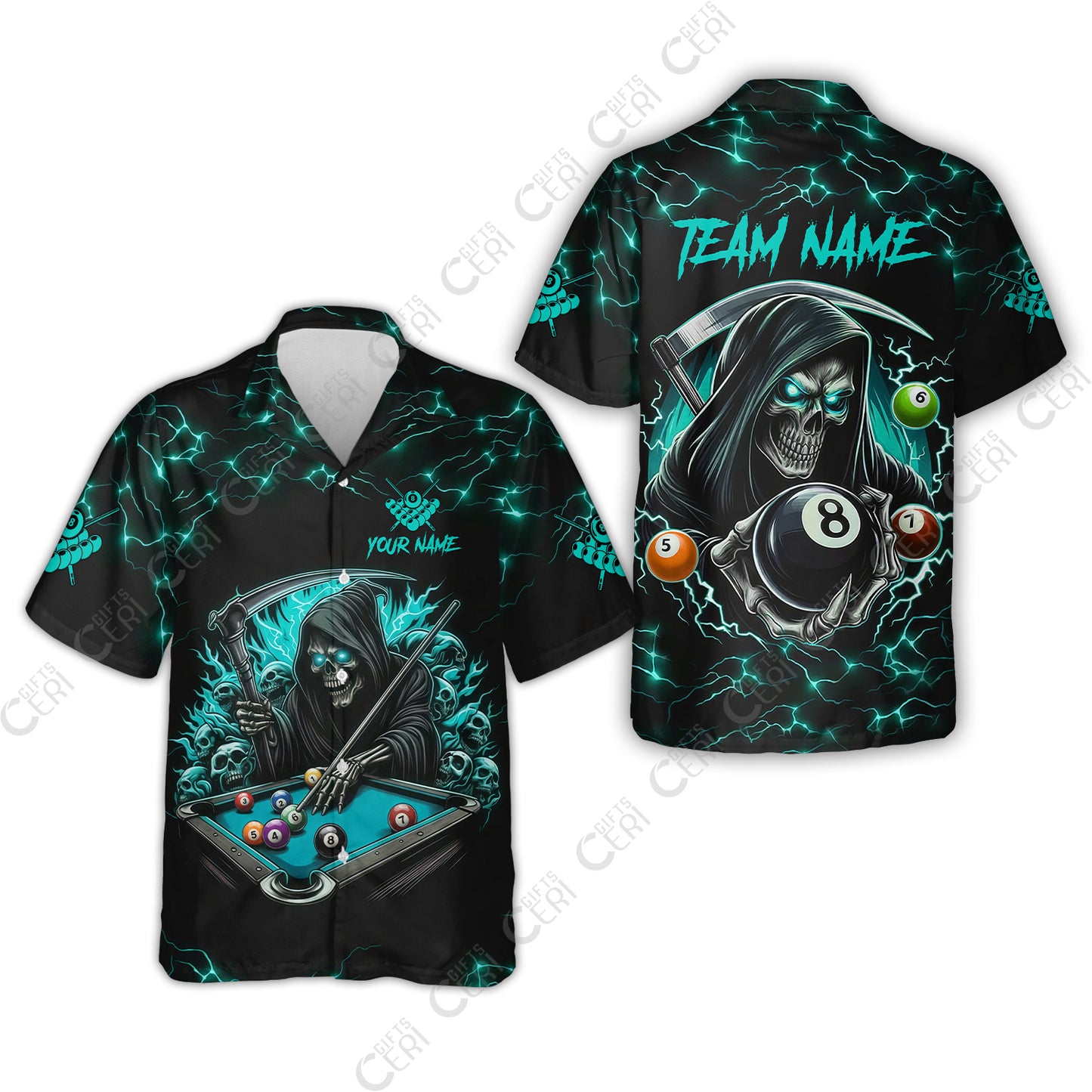 Customized Billiards Hawaiian Shirt, Personalized Billiard Death Skeleton 8 Ball Jersey Gift For Billiard Players