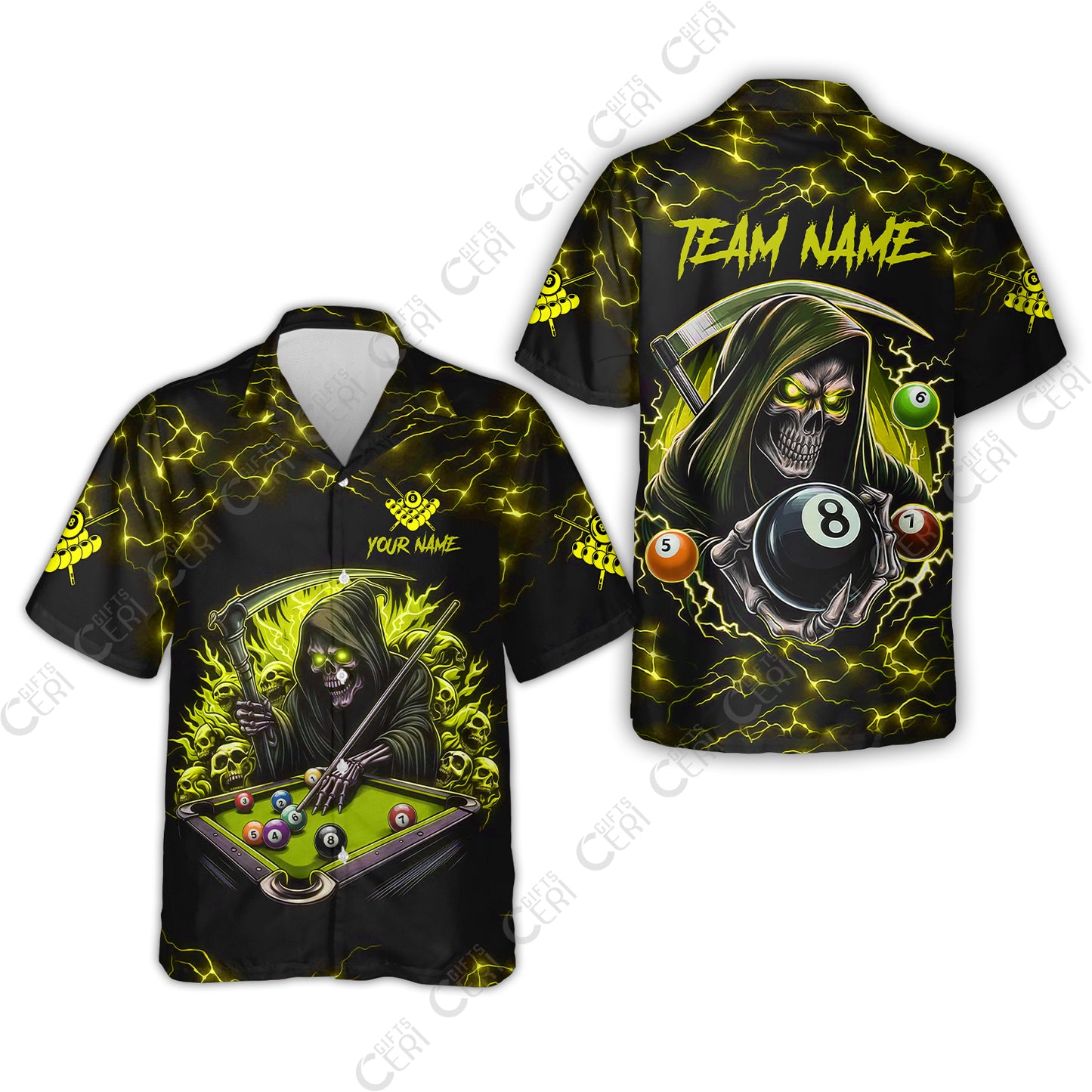 Customized Billiards Hawaiian Shirt, Personalized Billiard Death Skeleton 8 Ball Jersey Gift For Billiard Players