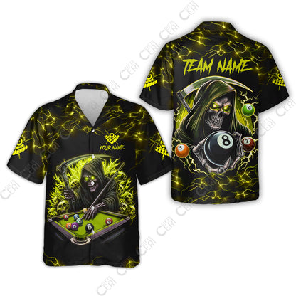 Customized Billiards Hawaiian Shirt, Personalized Billiard Death Skeleton 8 Ball Jersey Gift For Billiard Players