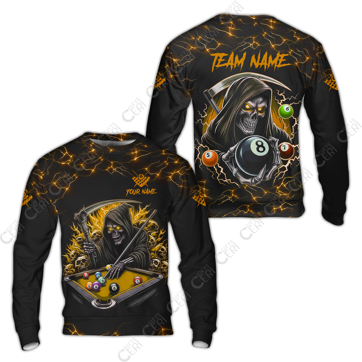 Customized Billiards Sweatshirt, Personalized Billiard Death Skeleton 8 Ball Jersey Gift For Billiard Players